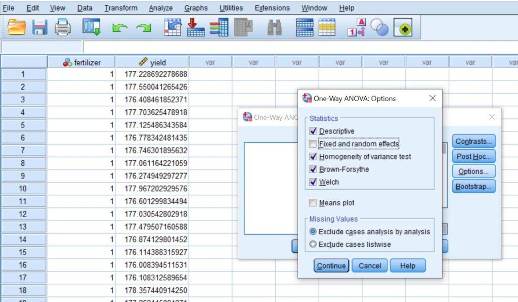 Click Options. Check the box for Descriptive, Homogeneity of Variance and Means plot, then click Continue.