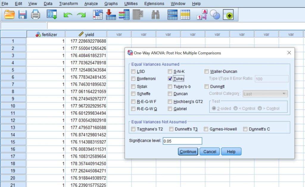 4. Click Post Hoc and on the Equal Variances Assumed, click Tukey, then click Continue.