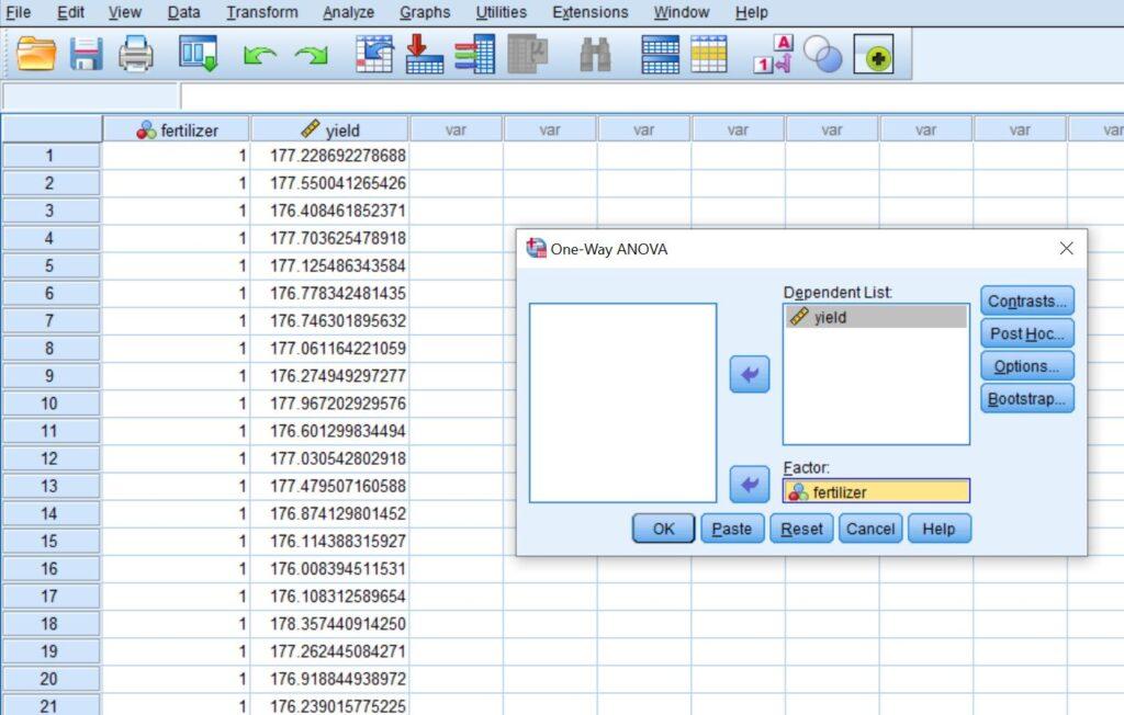 Add your dependent variable (should be continuous) to the Dependent List box, and add the independent variable (should be categorical) to the Factor box.