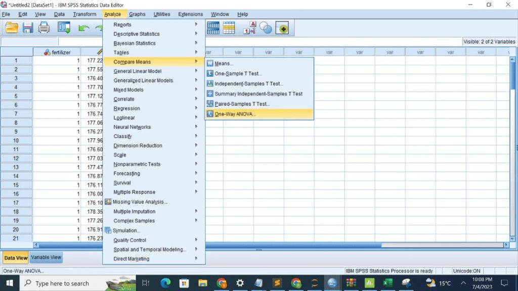 2. From the SPSS menu Select Analyze > Compare Means > One-way ANOVA