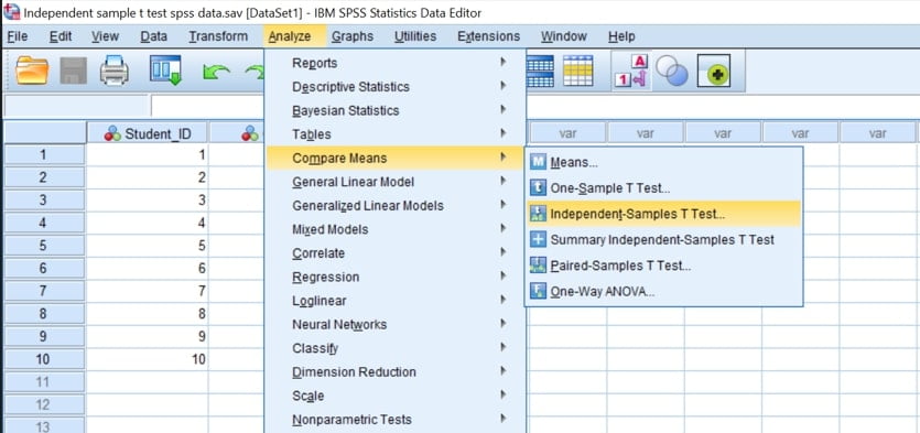 how to perform independent sample t test in spss