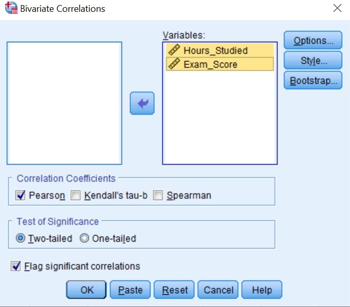 Pearson's correlation analysis using SPSS