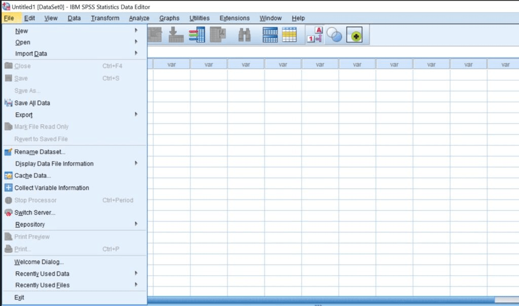 With SPSS Open, Click FILE From the Main Menu - how tp  import data into spss statistics